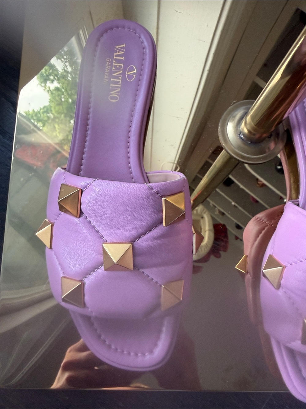 Valentino Lavender Quilted Rockstud Slide Sandal with Gold Studs - Picture 8 of 9